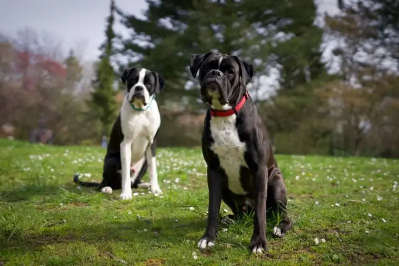 Two dogs sitting together in a green meadow