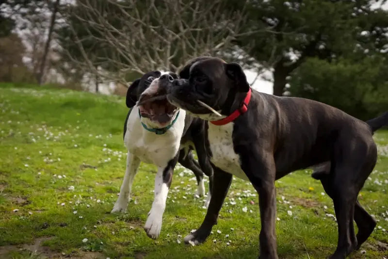 Two dogs playing together on the grass