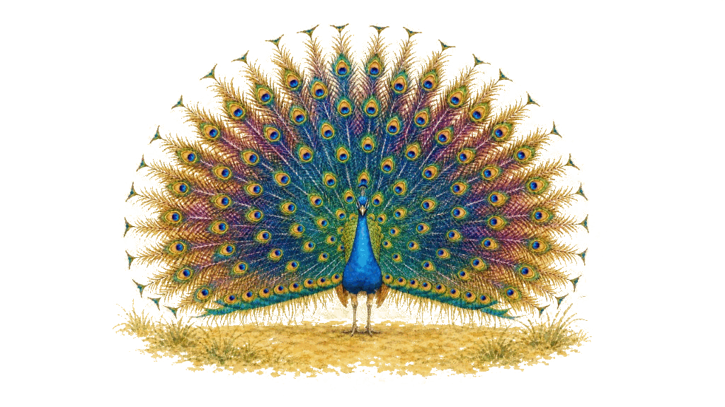 Watercolor peacock standing with its colourful tail fully displayed